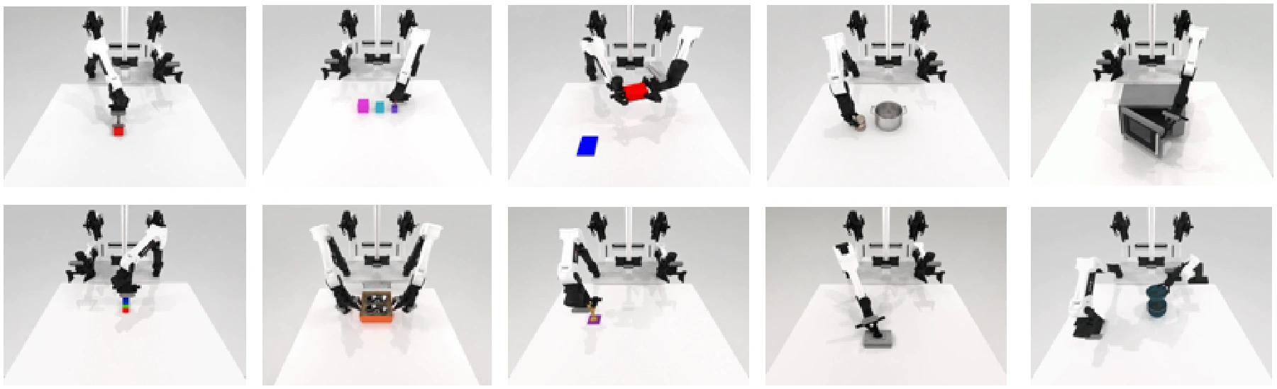 Examples of simulated dual-arm manipulation tasks from the paper